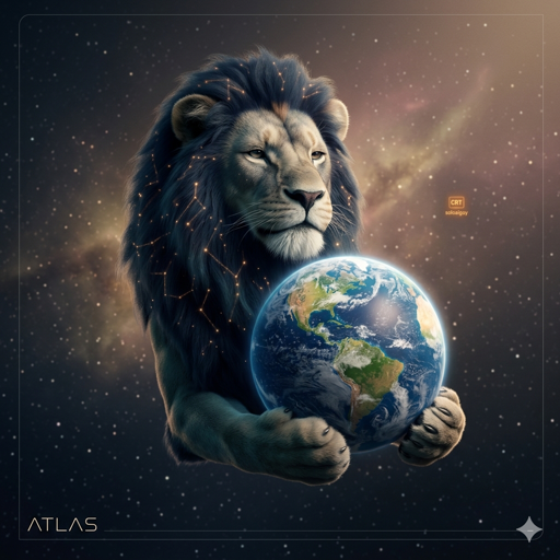 Atlas — a navy-maned cosmic lion holding planet Earth aloft, floating in deep space